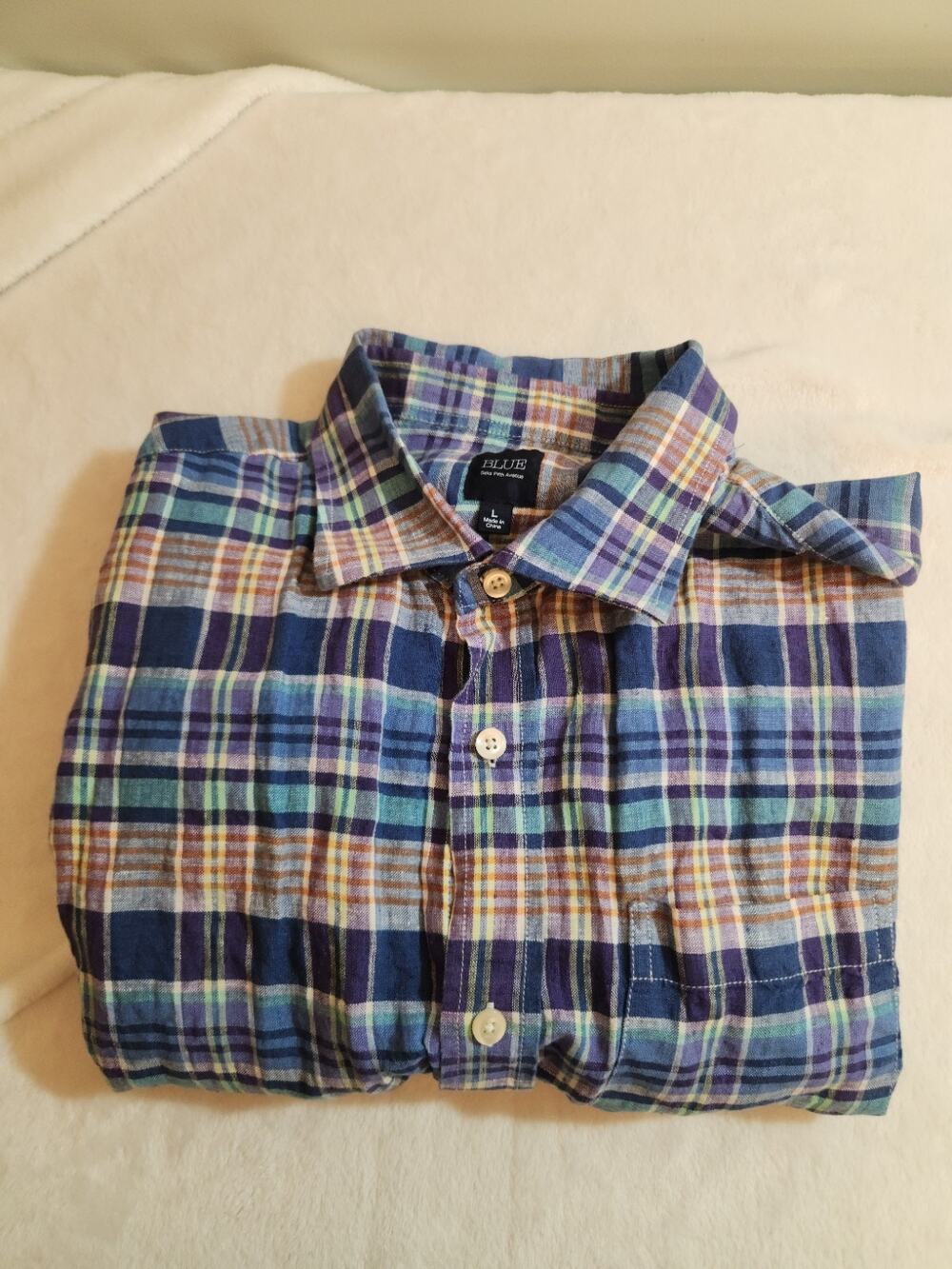 Saks Of Fifth Avenue 100% Linen Shirt Mens Large Purple Plaid Short Sleeve Boho